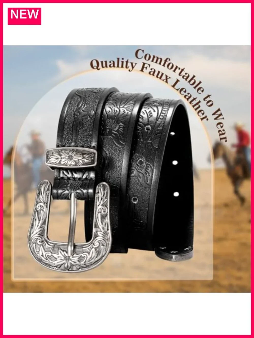 Vintage Floral Carved PU Leather Western Belt for Women Cowgirl